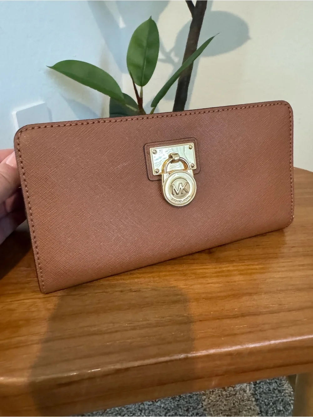 Michael Kors Brown Saffiano Zip Wallet with Gold Hardware